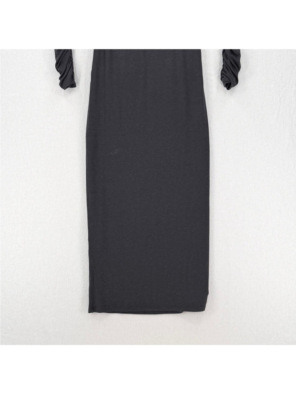 SER.O.YA Fina Tea Length Dress Large Charcoal Grey Ruched Mock Neck Long Sleeve - Picture 9 of 16